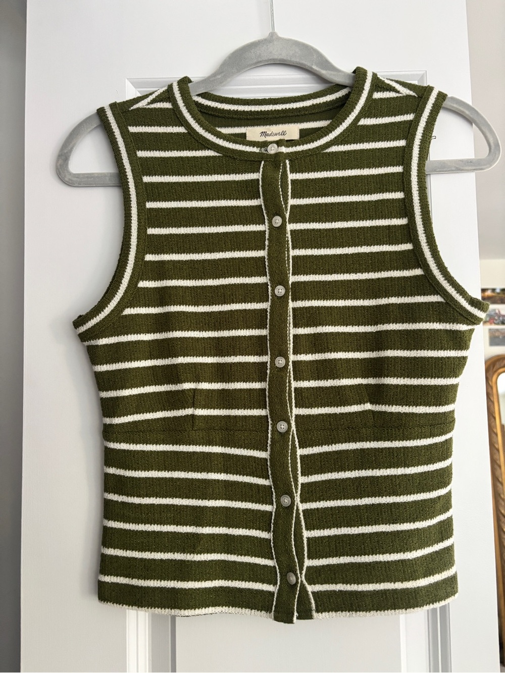 Madewell Olive & White Striped Sleeveless Button-Front Knit Top